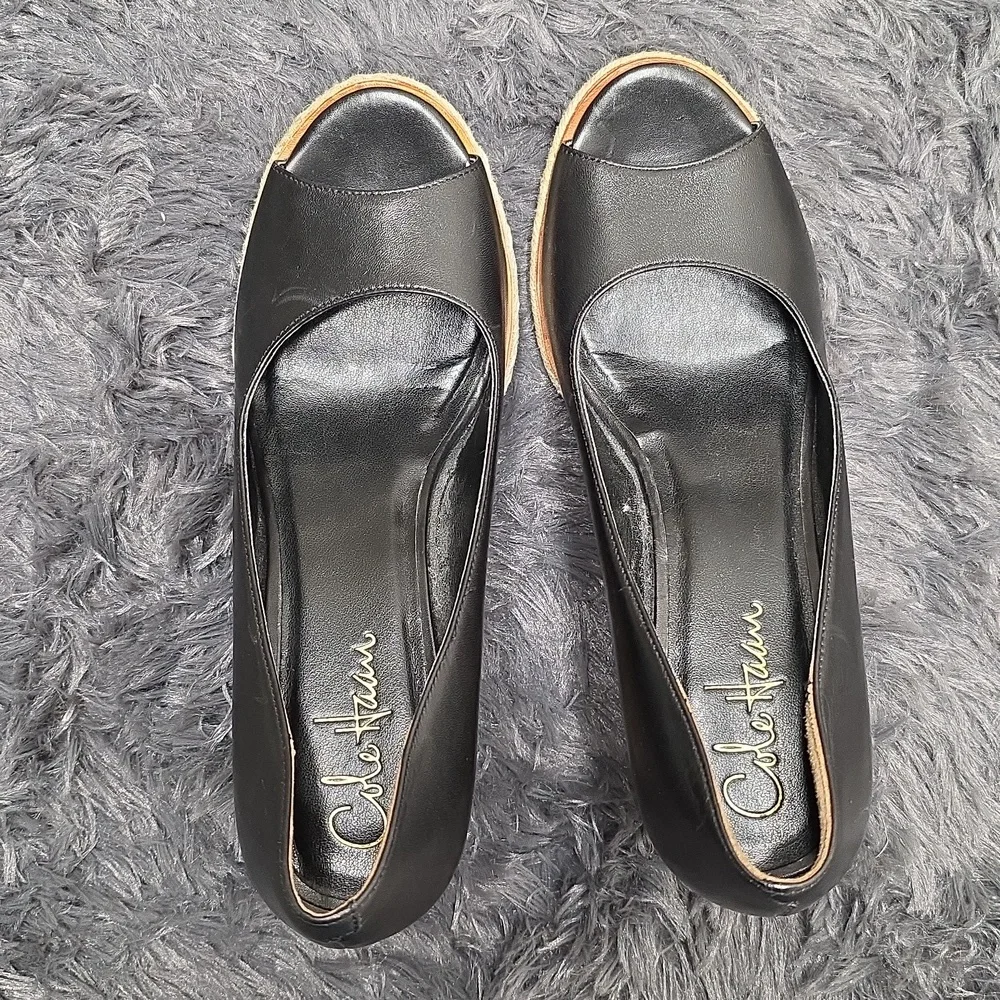 Cole Haan Black Peep-Toe Cork Wedge Espadrille. Size 6.5. EUC - Picture 8 of 8